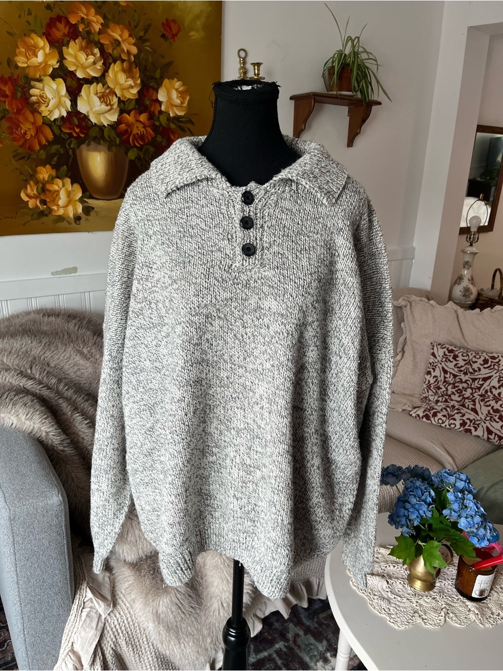 Men's Vintage Hand Knit Collared Crewneck Button Pullover Sweater Size - 2X